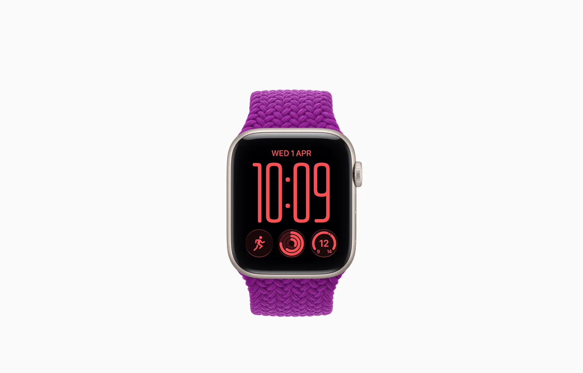 44-millimetre Apple Watch SE 3, aluminium case, starlight colour, connected to Braided Solo Loop strap, magenta colour