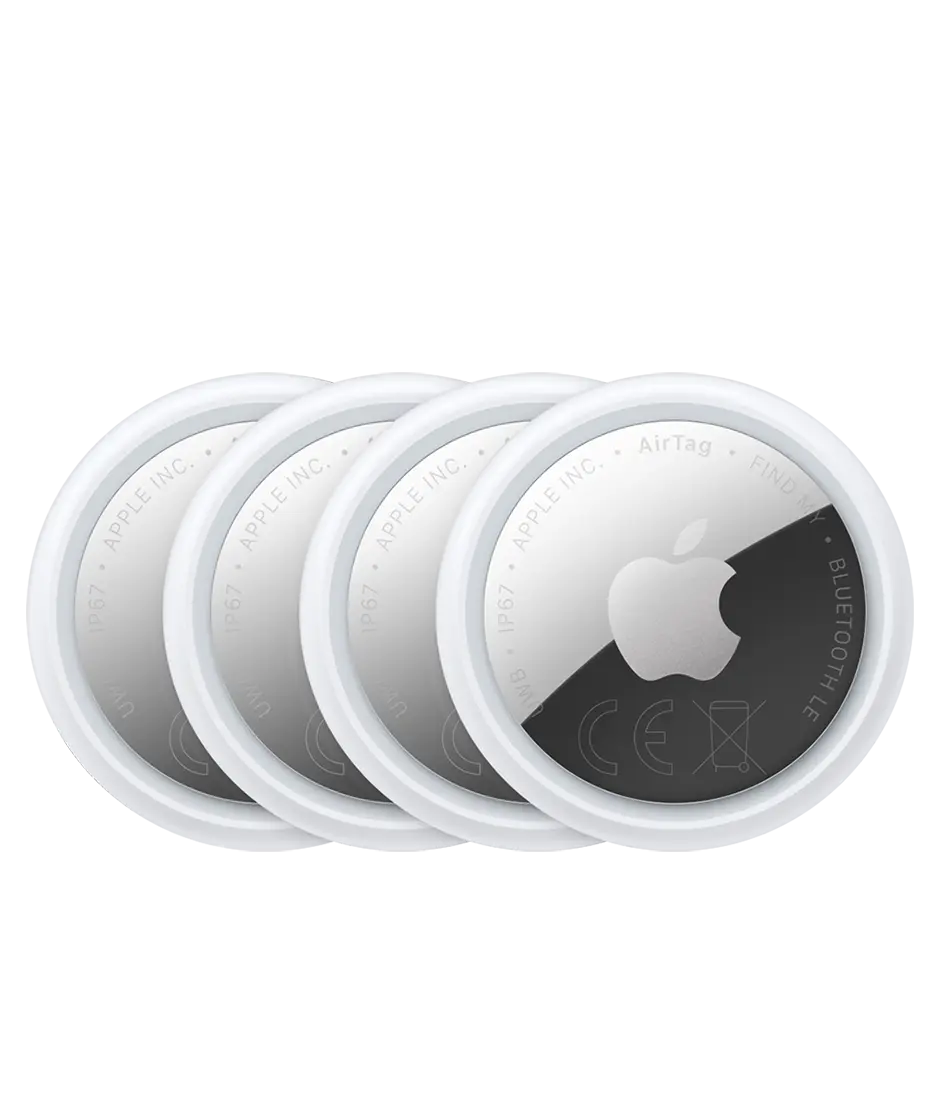 AirTag, 4-pack, circular shape, white colour ring around outer edge, front exterior, reflective silver colour material, Apple logo centred, etching around inner edge reads: AirTag - FIND MY - NFC - BLUETOOTH LE - CE, WEEE - UWB - IP67 - APPLE INC.