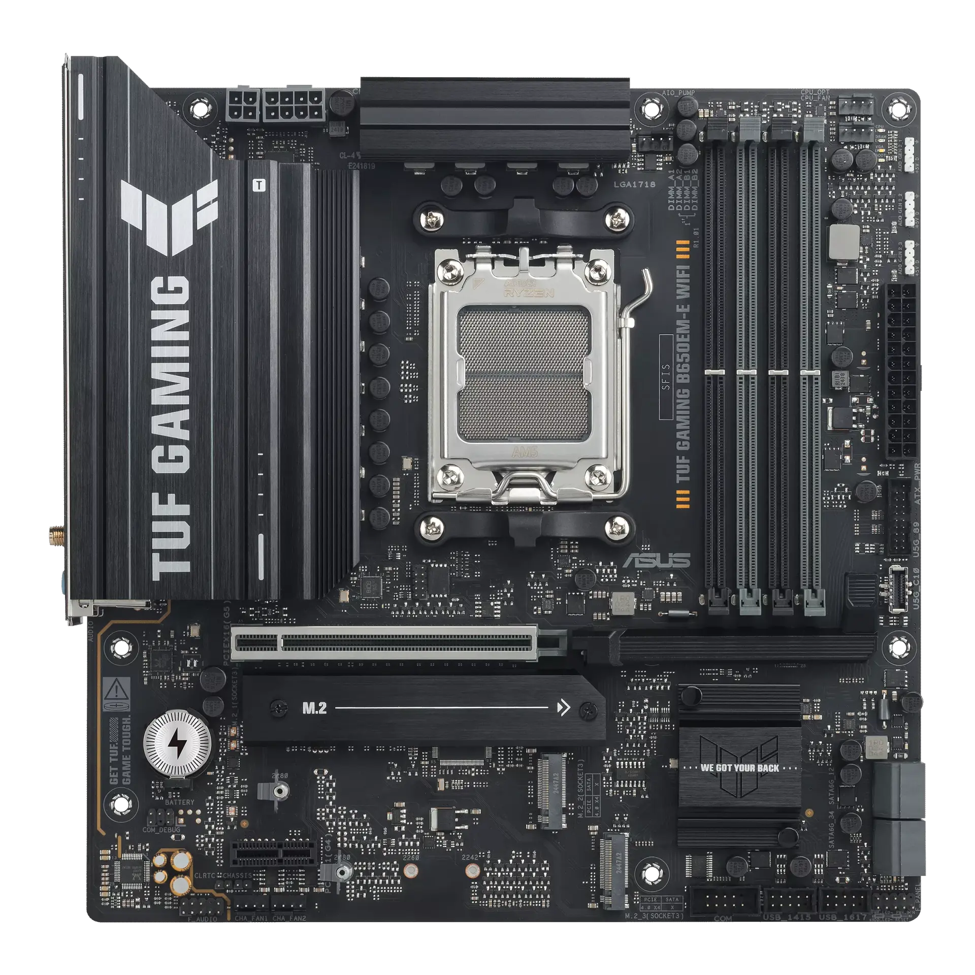 ASUS TUF GAMING B650EM-E WIFI micro-ATX motherboard, official front view showing its exact board layout, AM5 processor socket, four memory slots and heatsinks.