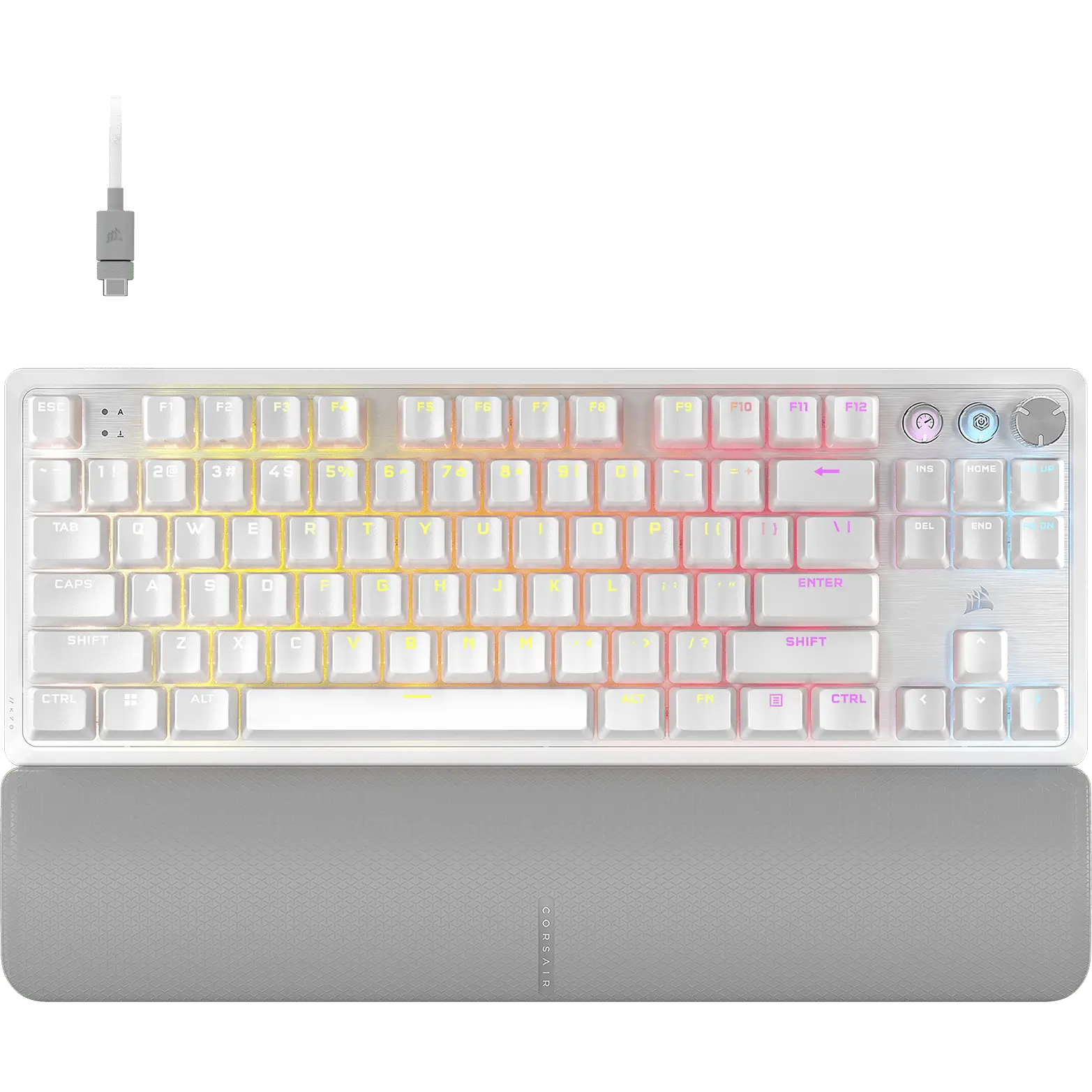 Corsair K70 PRO TKL white tenkeyless Hall Effect keyboard with US layout, rotary dial and palm rest, official top view
