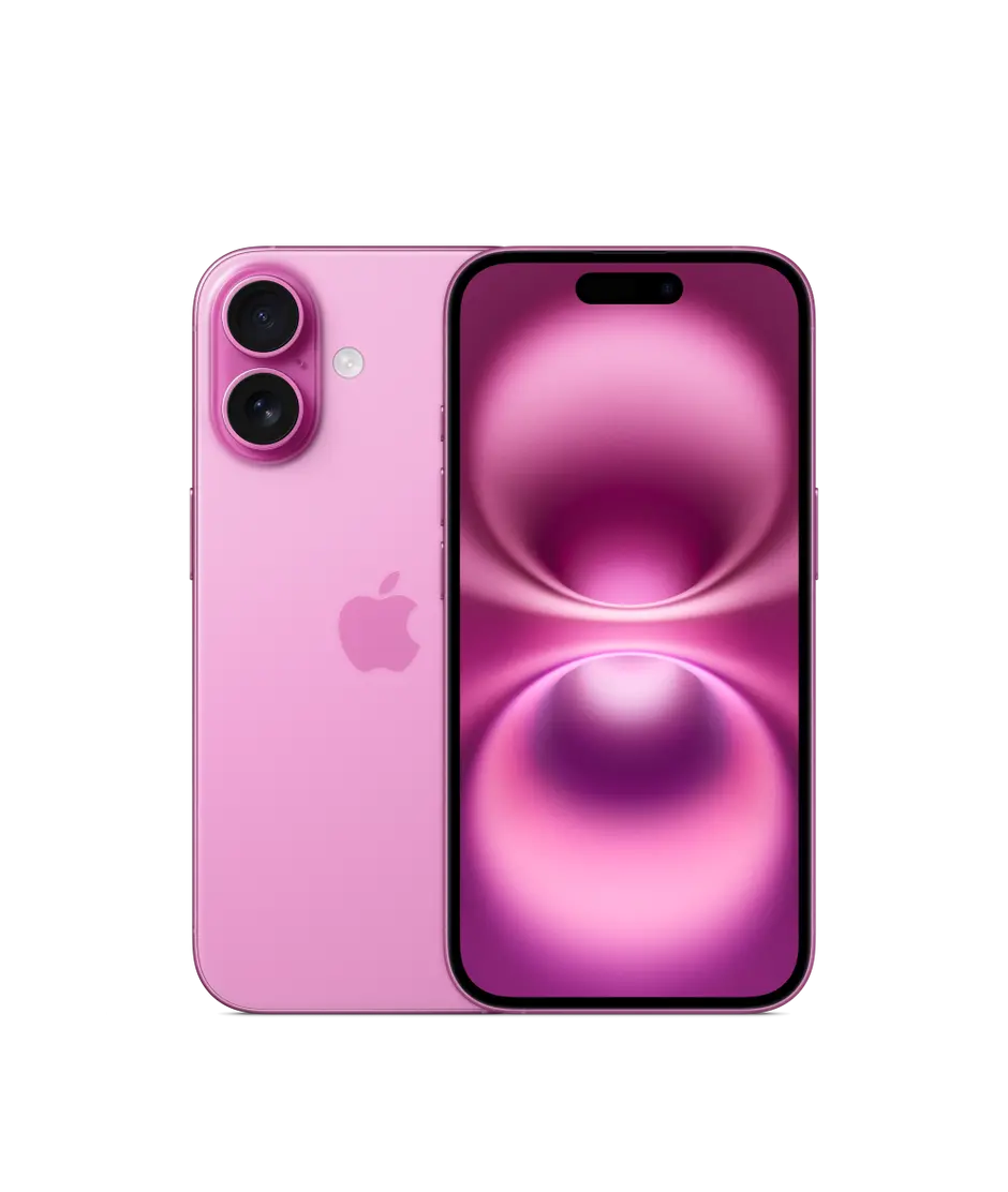 iPhone 16, back exterior, Pink finish, camera system, front exterior, all-screen design, Dynamic Island, thin black display border.