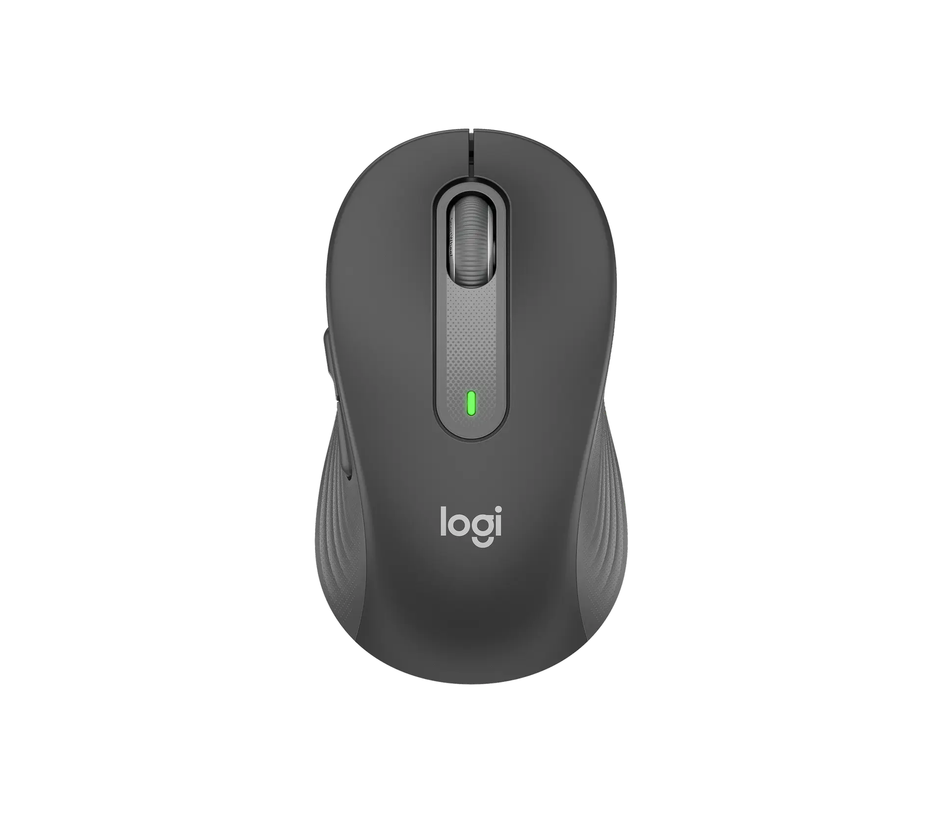 Logitech Signature M650 wireless mouse in graphite, top view showing the SmartWheel, green status light and logi logo