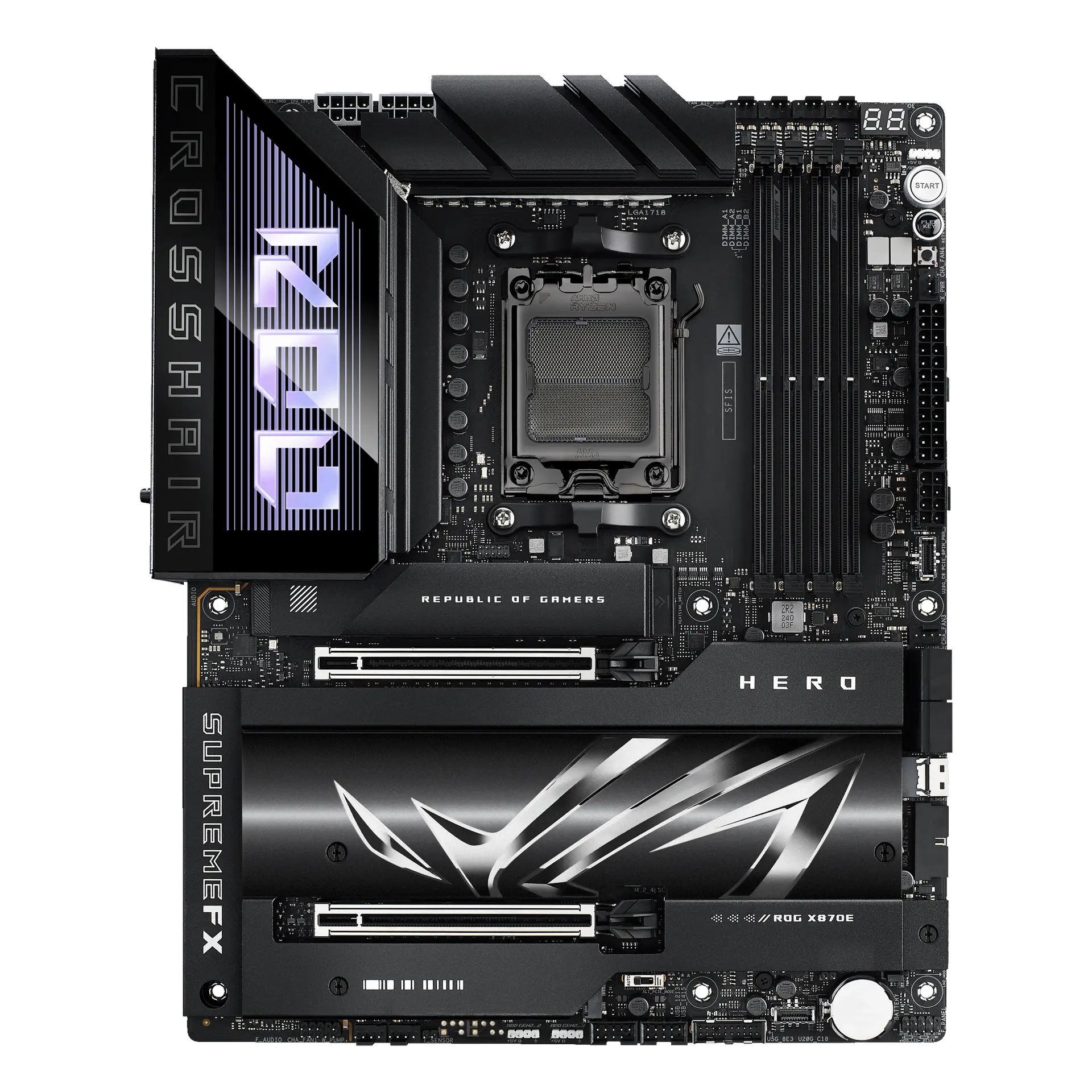 ASUS ROG CROSSHAIR X870E HERO motherboard, official front view showing its exact board layout, processor socket, memory slots and heatsinks.