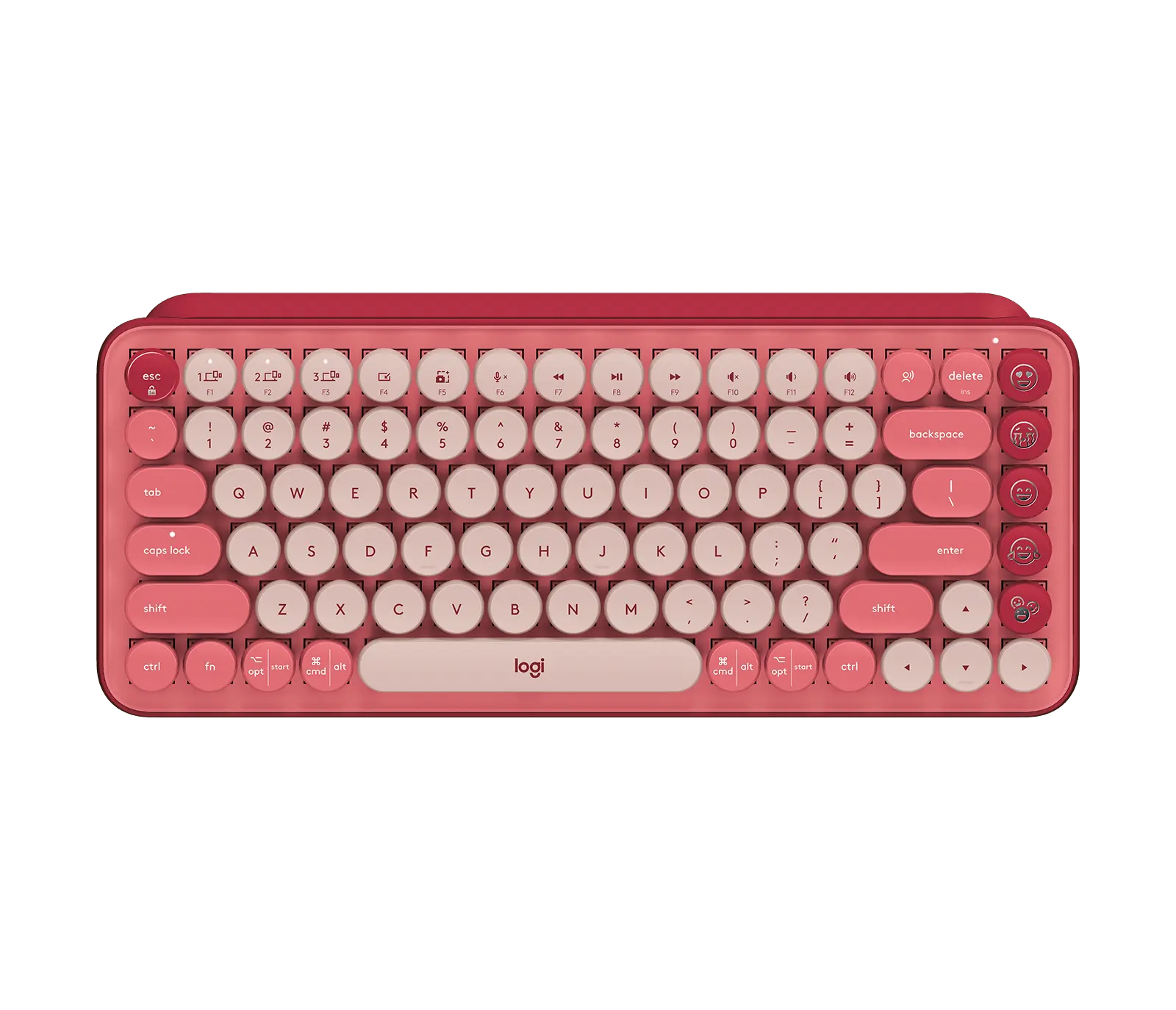 Logitech POP Keys mechanical keyboard in Heartbreaker with English US QWERTY (ANSI) layout and emoji keys, official top view