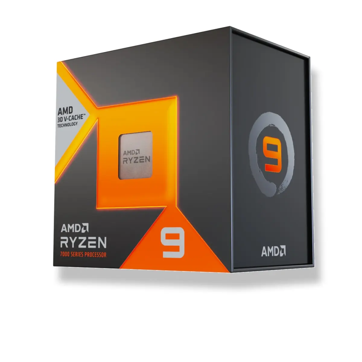 AMD's official boxed-product artwork associated with Ryzen 9 7950X3D on its exact manufacturer product page; the visible artwork identifies the family rather than a readable exact model number.