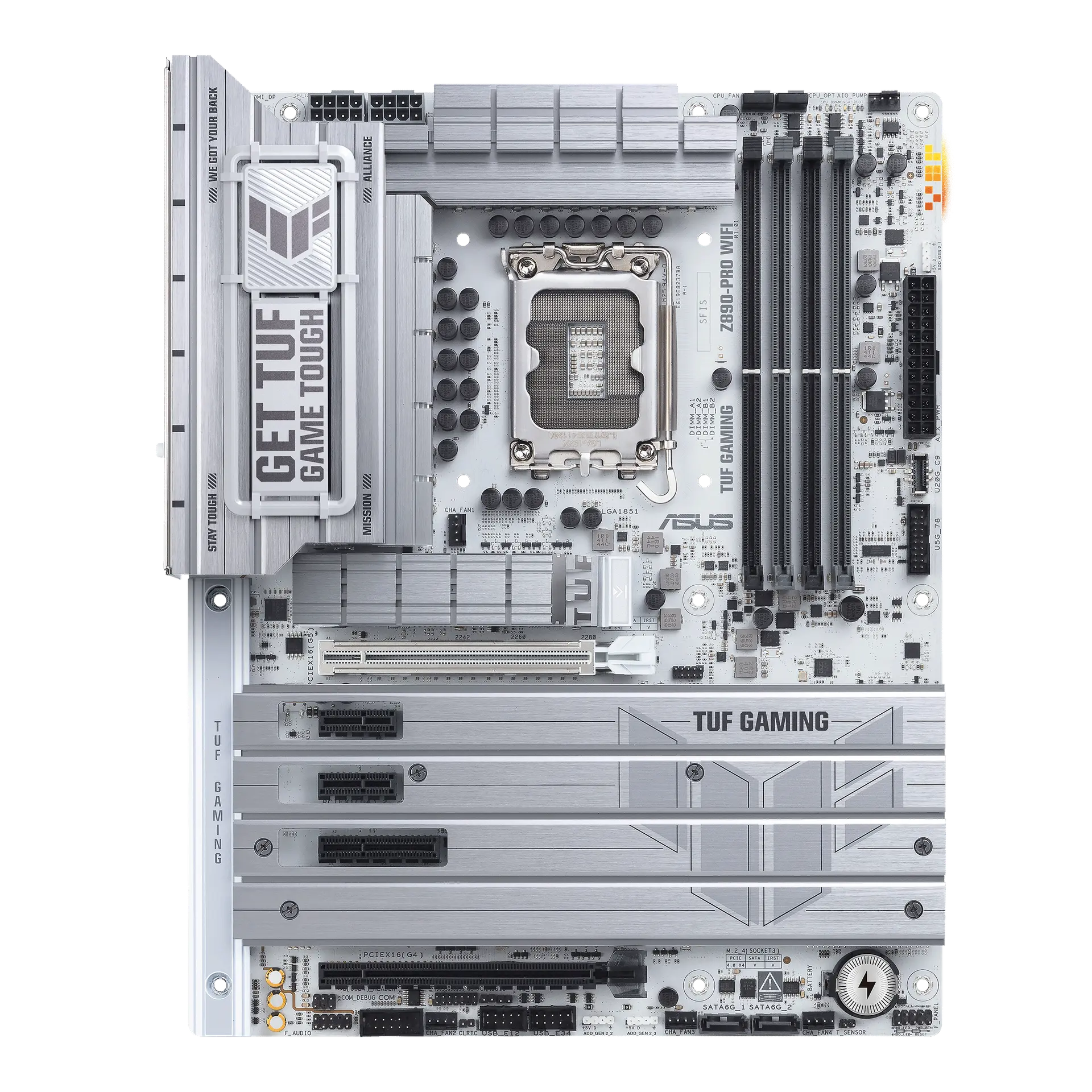 ASUS TUF GAMING Z890-PRO WIFI motherboard, official front view showing its exact board layout, processor socket, memory slots and heatsinks.