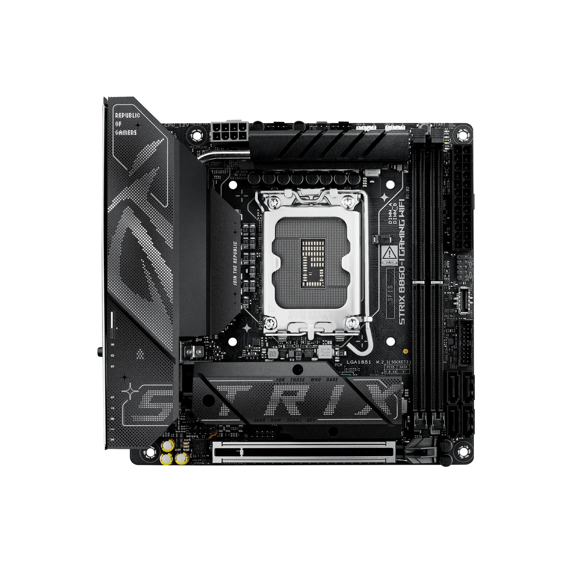ASUS ROG STRIX B860-I GAMING WIFI motherboard, official front view showing its exact board layout, processor socket, memory slots and heatsinks.