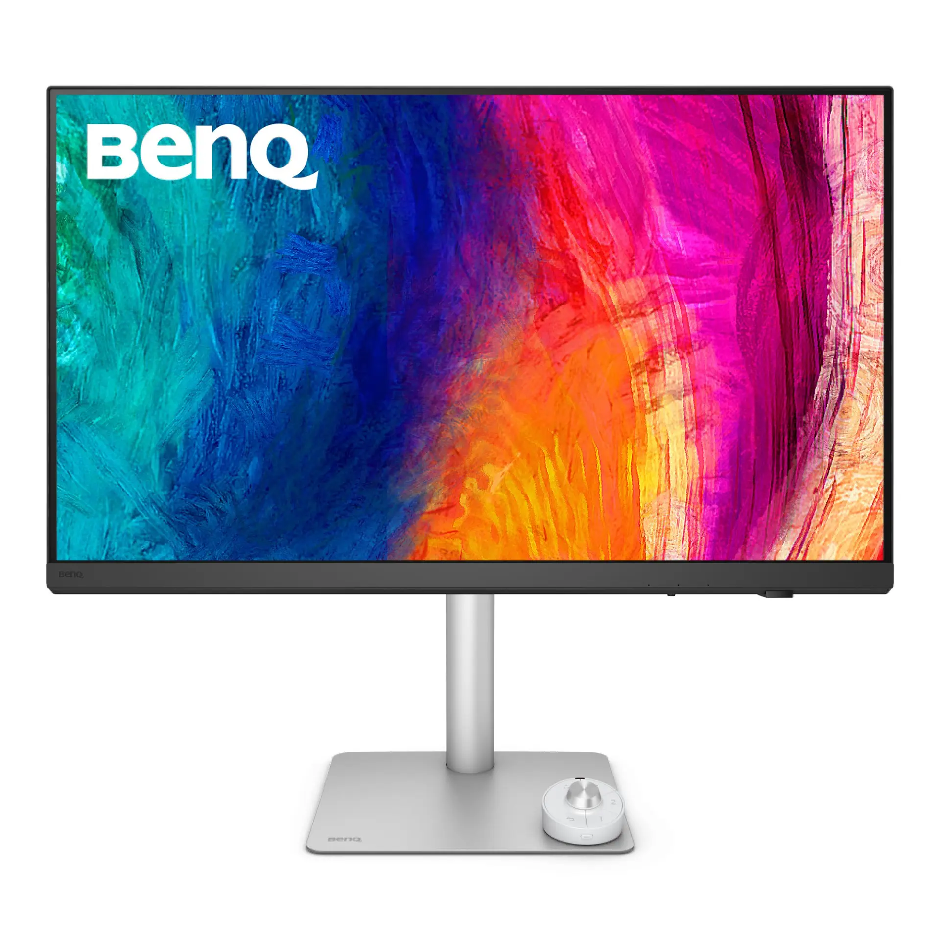 BenQ PD3226G monitor, official exact-model gallery front view showing the screen, supplied silver height-adjustable stand and Hotkey Puck.