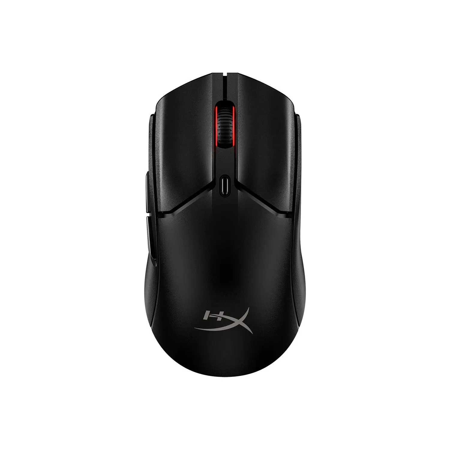 HyperX Pulsefire Haste 2 Mini Wireless mouse in black, top view showing the red-lit scroll wheel, DPI button and left side buttons, no cable