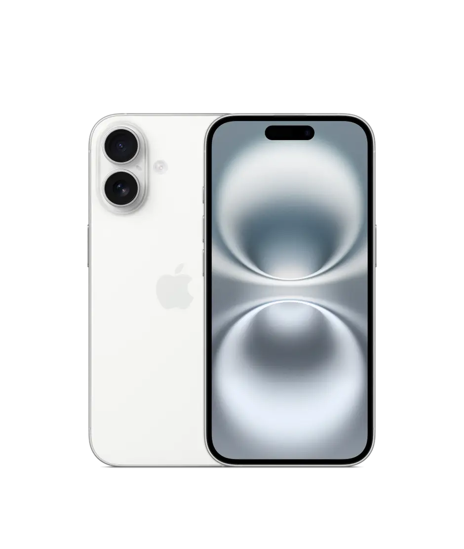 iPhone 16, back exterior, White finish, camera system, front exterior, all-screen design, Dynamic Island, thin black display border.
