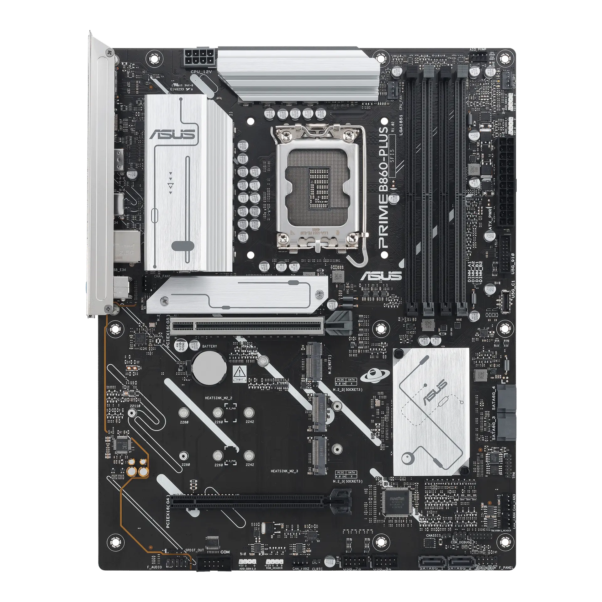 ASUS PRIME B860-PLUS motherboard, official front view showing its exact board layout, processor socket, memory slots and heatsinks.