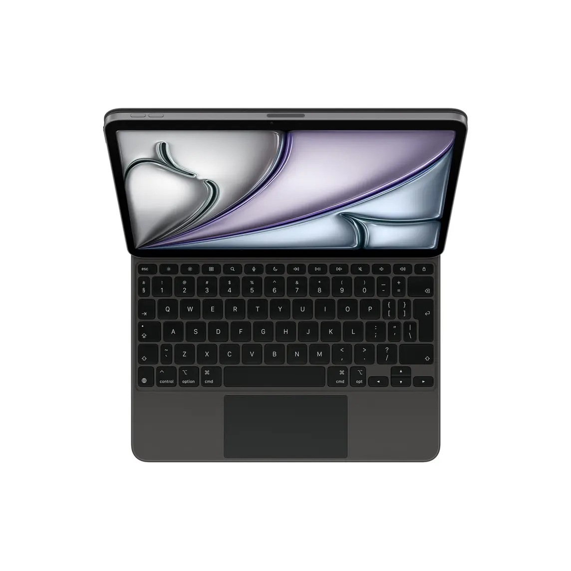 Magic Keyboard for iPad Air, black colour aluminium structure, black colour keys with white colour symbols, function key row, black colour trackpad and palm rest, iPad Air attached, landscape orientation