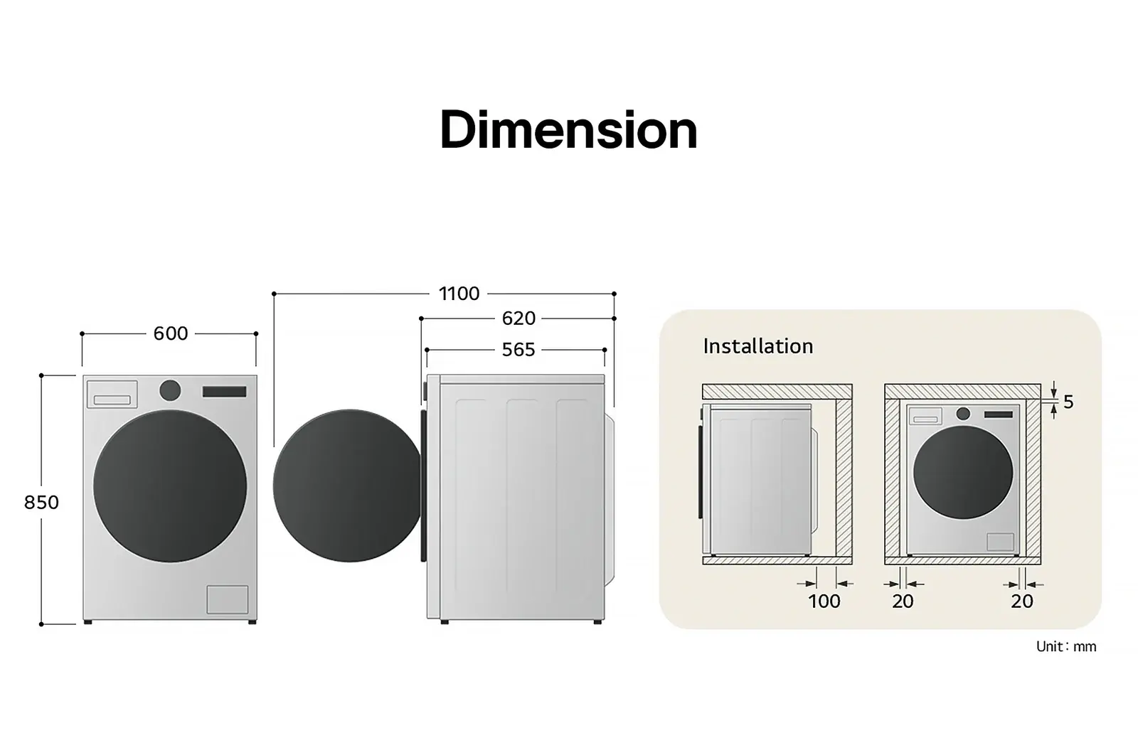 LG washing machine technical drawing: W 600, H 850, D 565mm (door open 1100mm), including installation clearances.