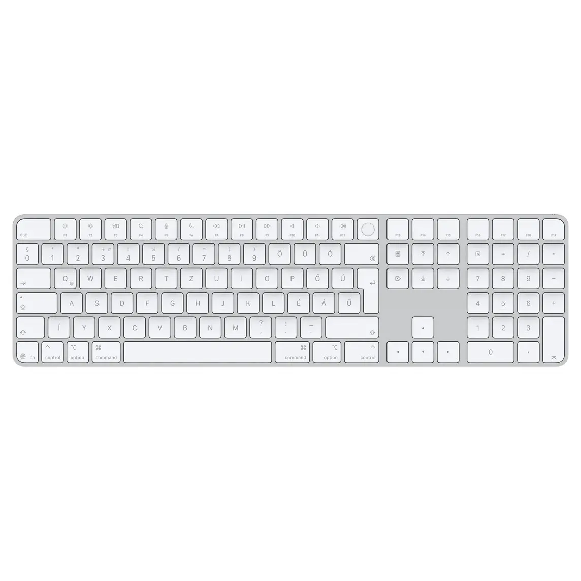 Magic Keyboard with Touch ID and Numeric Keypad, whitekeys, silver aluminium structure, round Touch ID sensor, full-height function keys