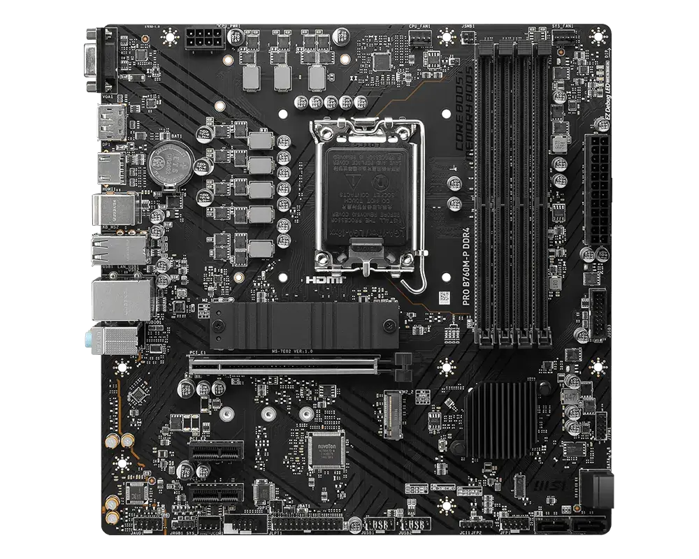 MSI PRO B760M-P DDR4 motherboard, top view of the exact global model; CPU and memory are not installed