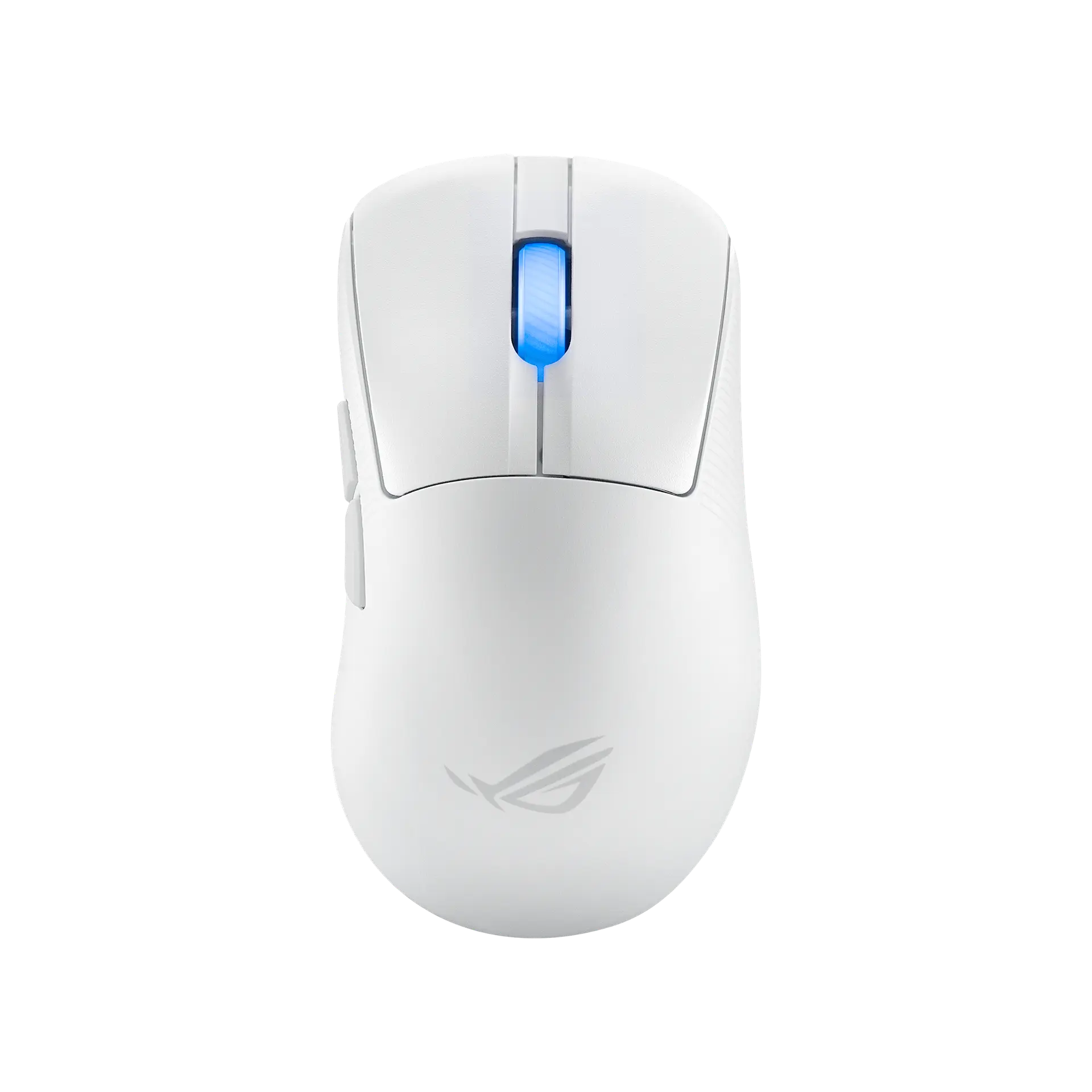 ASUS ROG Keris II Ace wireless mouse in Moonlight White, top view showing the blue-lit scroll wheel, two left side buttons and ROG logo