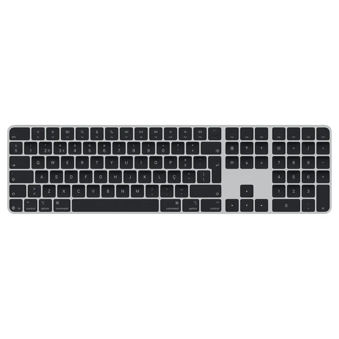 Magic Keyboard with Touch ID and Numeric Keypad, black keys, silver aluminium structure, round Touch ID sensor, full-height function keys