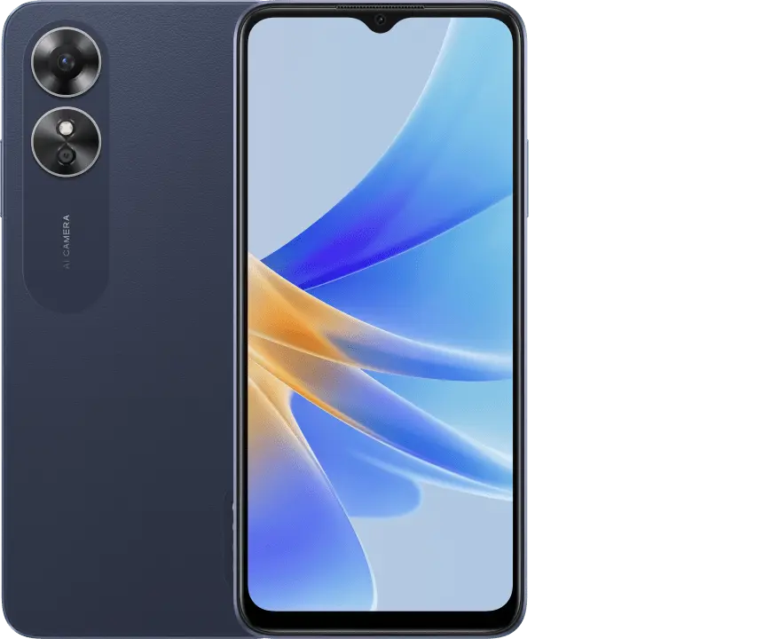OPPO A17 — official manufacturer reference image for UK CPH2477; selected specification colour Midnight Black