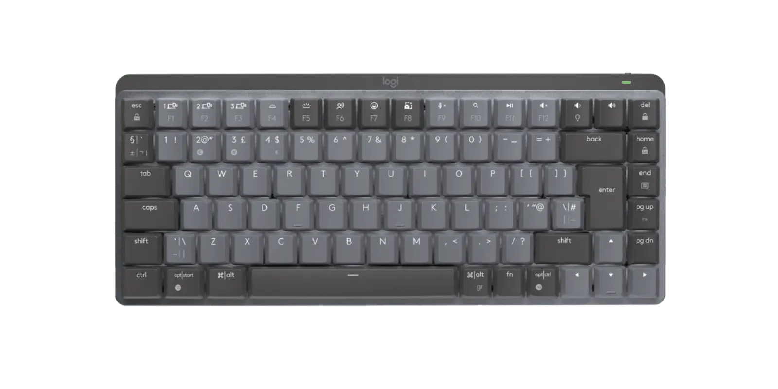 Logitech MX Mechanical Mini graphite compact keyboard with UK ISO QWERTY layout, official top view