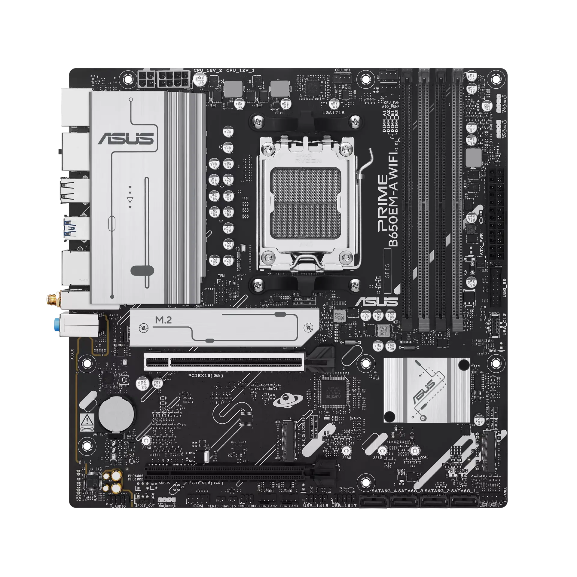 ASUS PRIME B650EM-A WIFI micro-ATX motherboard, official front view showing its exact board layout, AM5 processor socket, four memory slots and heatsinks.
