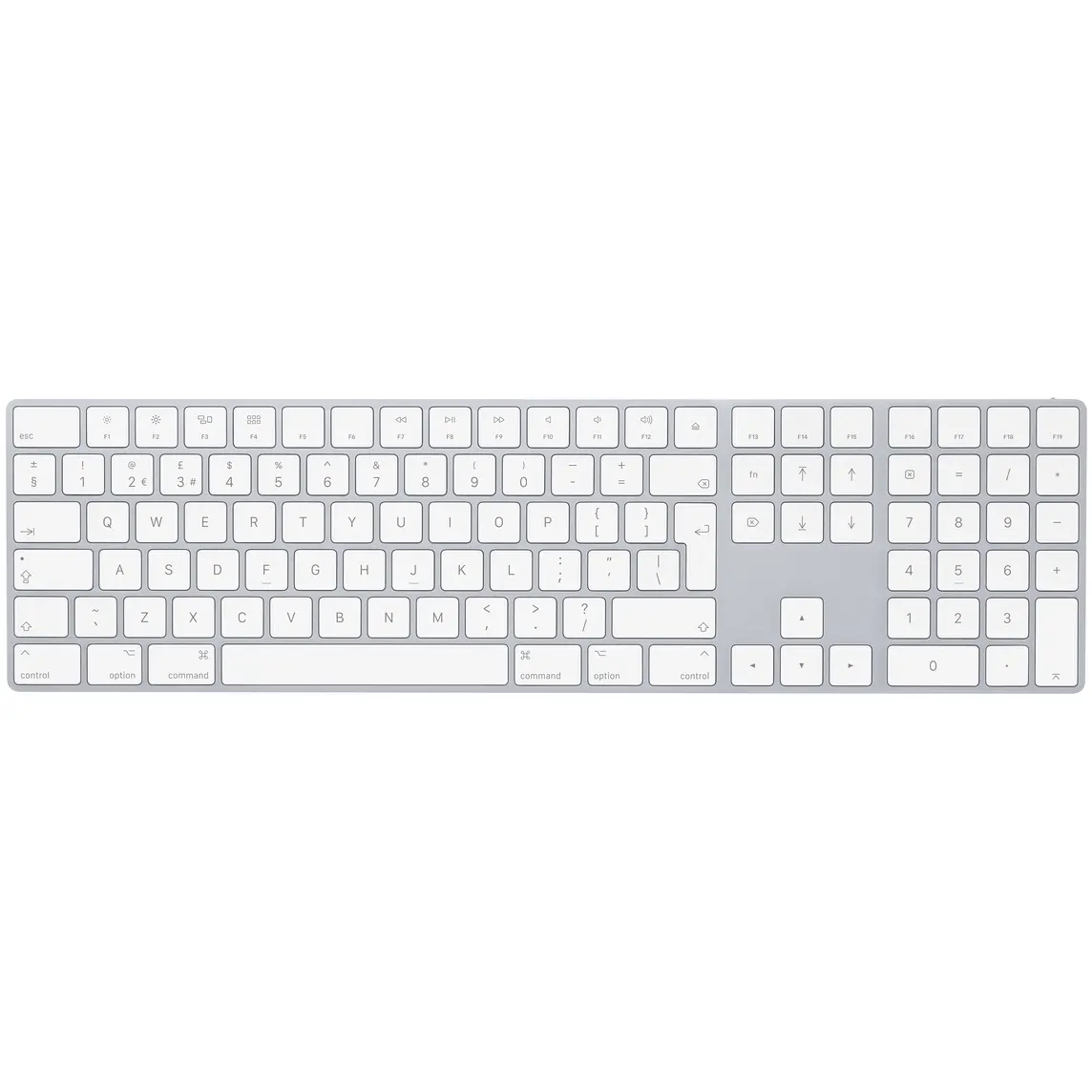 Apple Magic Keyboard with Numeric Keypad, British-English white keys on silver aluminium, top view