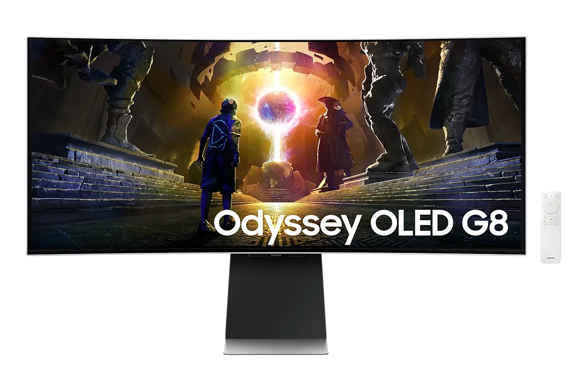 Samsung Odyssey OLED G8 G85SD 34-inch monitor, official exact-model gallery view showing the screen and supplied stand.