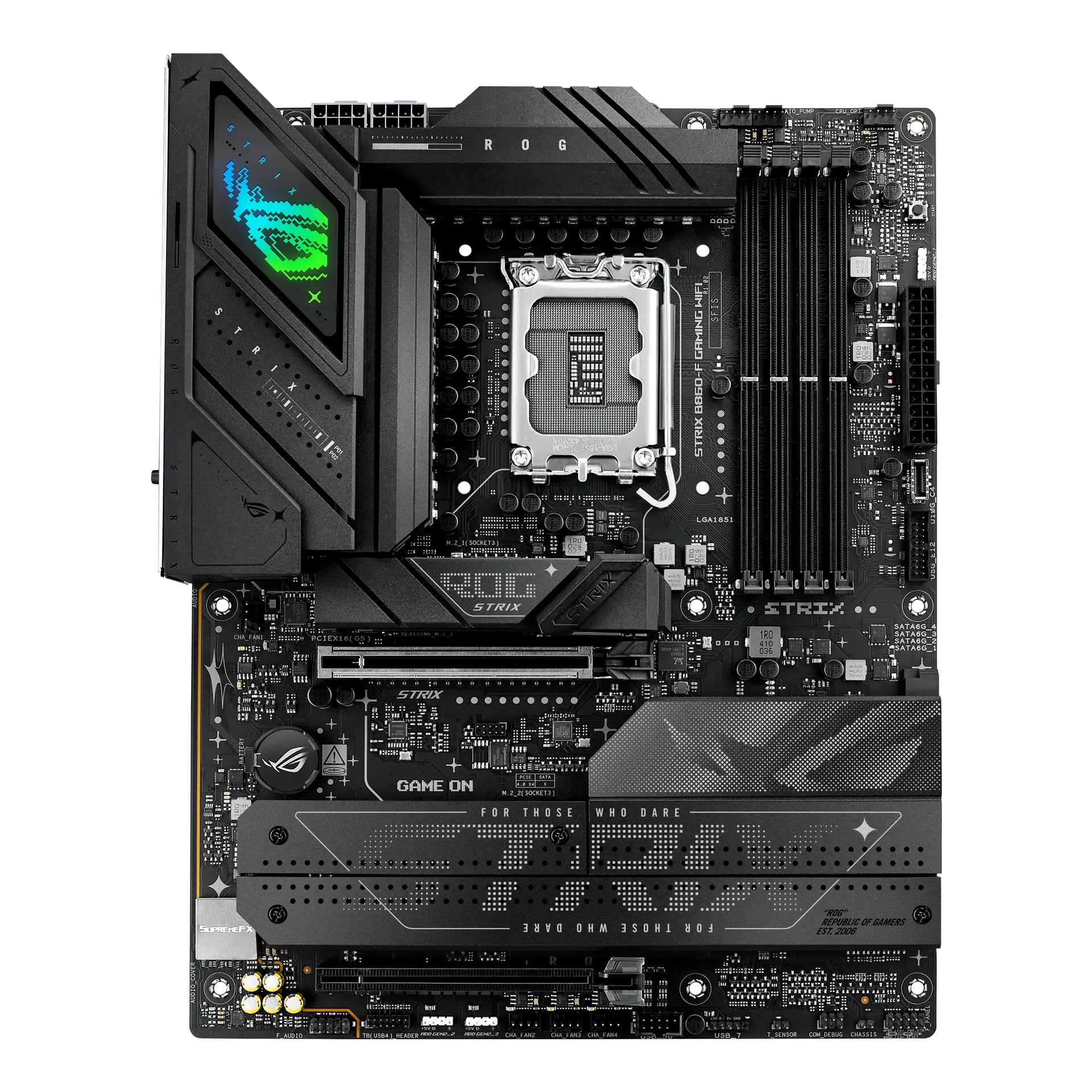ASUS ROG STRIX B860-F GAMING WIFI motherboard, official front view showing its exact board layout, processor socket, memory slots and heatsinks.