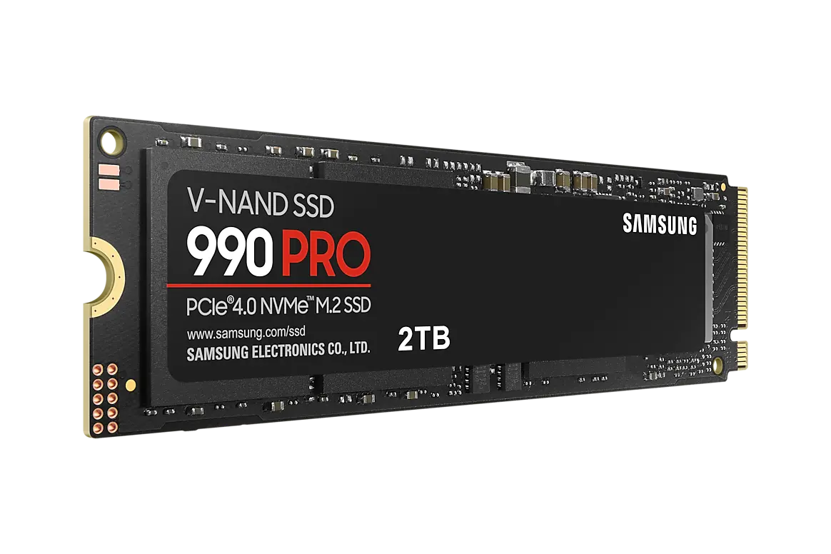 Samsung 990 PRO bare M.2 SSD at an angle, with 990 PRO and 2TB visibly printed on its label; no factory heatsink.