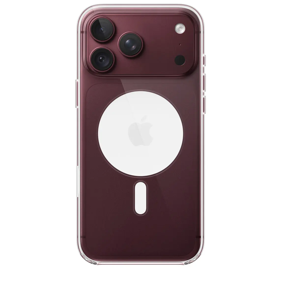 iPhone 18 Pro Max Clear Case with MagSafe, back exterior, attached to iPhone 18 Pro Max in burgundy colour (dark red), solid white MagSafe circle with grey Apple logo in centre, camera cutout