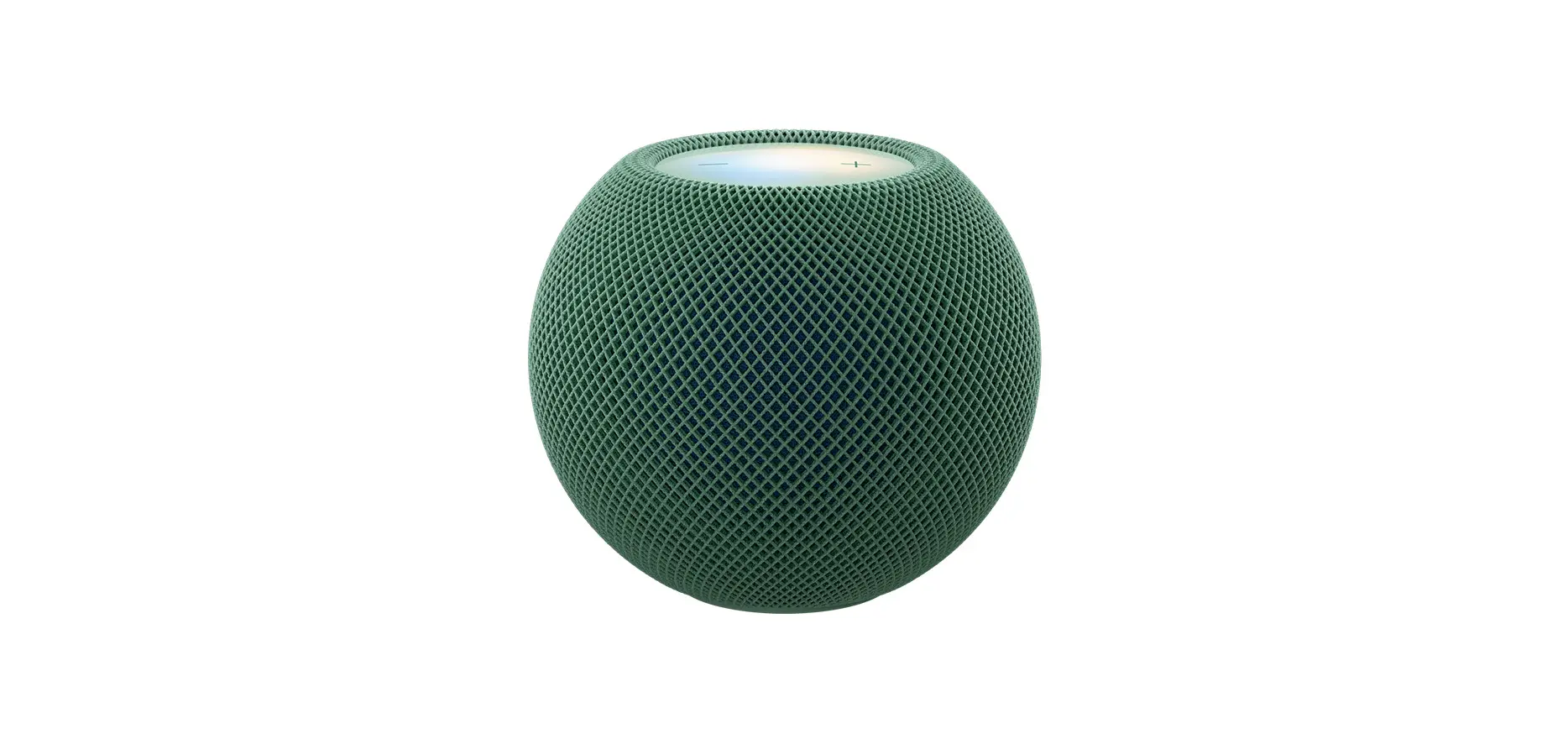 HomePod mini 2, green colour (dark green), front exterior, compact spherical design, seamless acoustic mesh fabric. Top exterior, flat backlit touch surface, multi‑coloured illumination