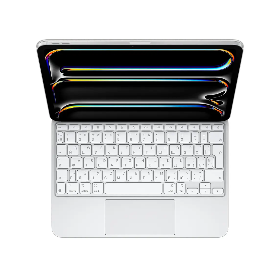 iPad Pro attached to Magic Keyboard, White, white keys with grey text, inverted T arrow keys, function key row, built-in trackpad