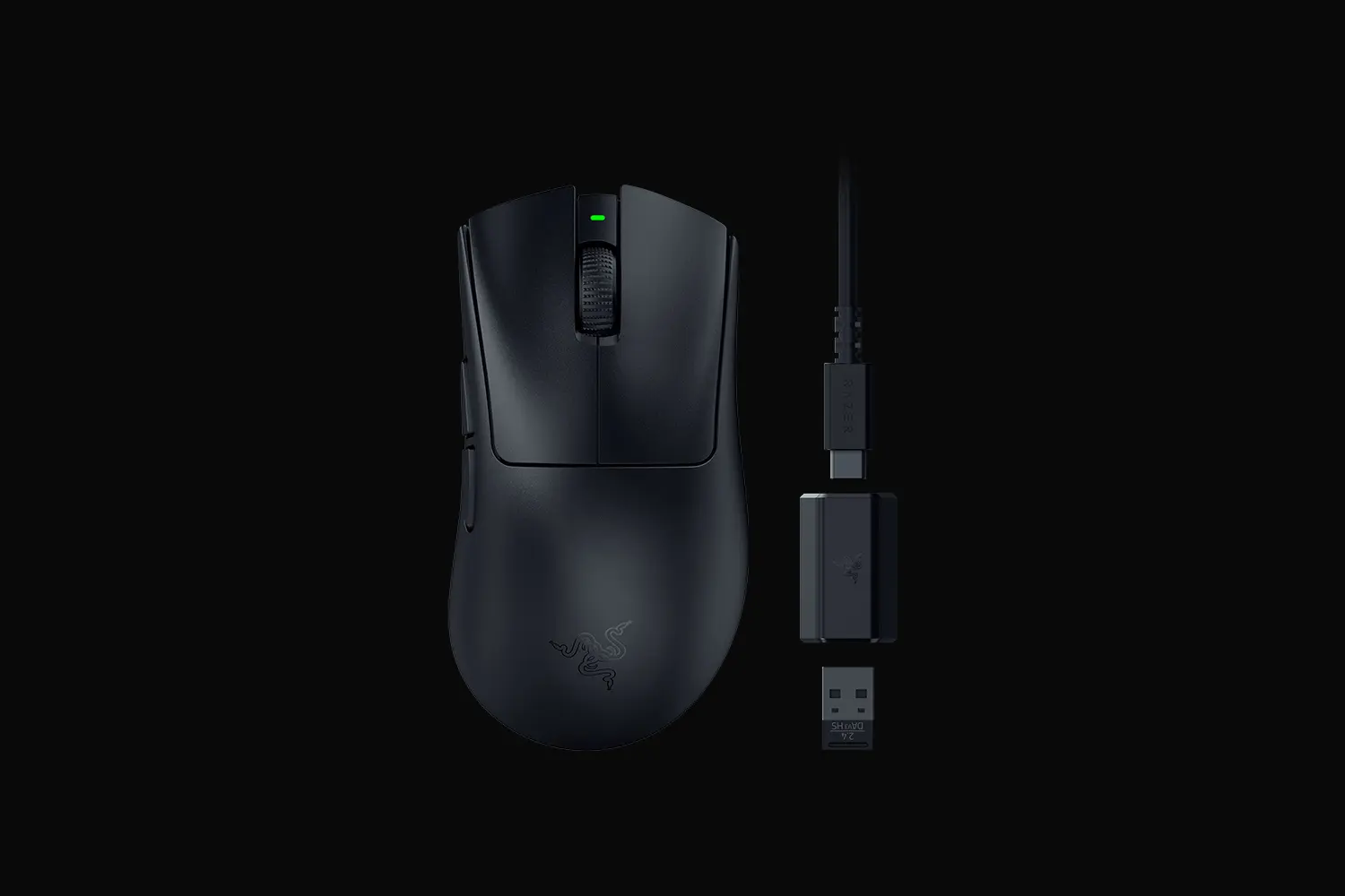 Razer DeathAdder V3 HyperSpeed wireless mouse in black, top view beside its USB-C cable, dongle adapter and HyperSpeed USB dongle