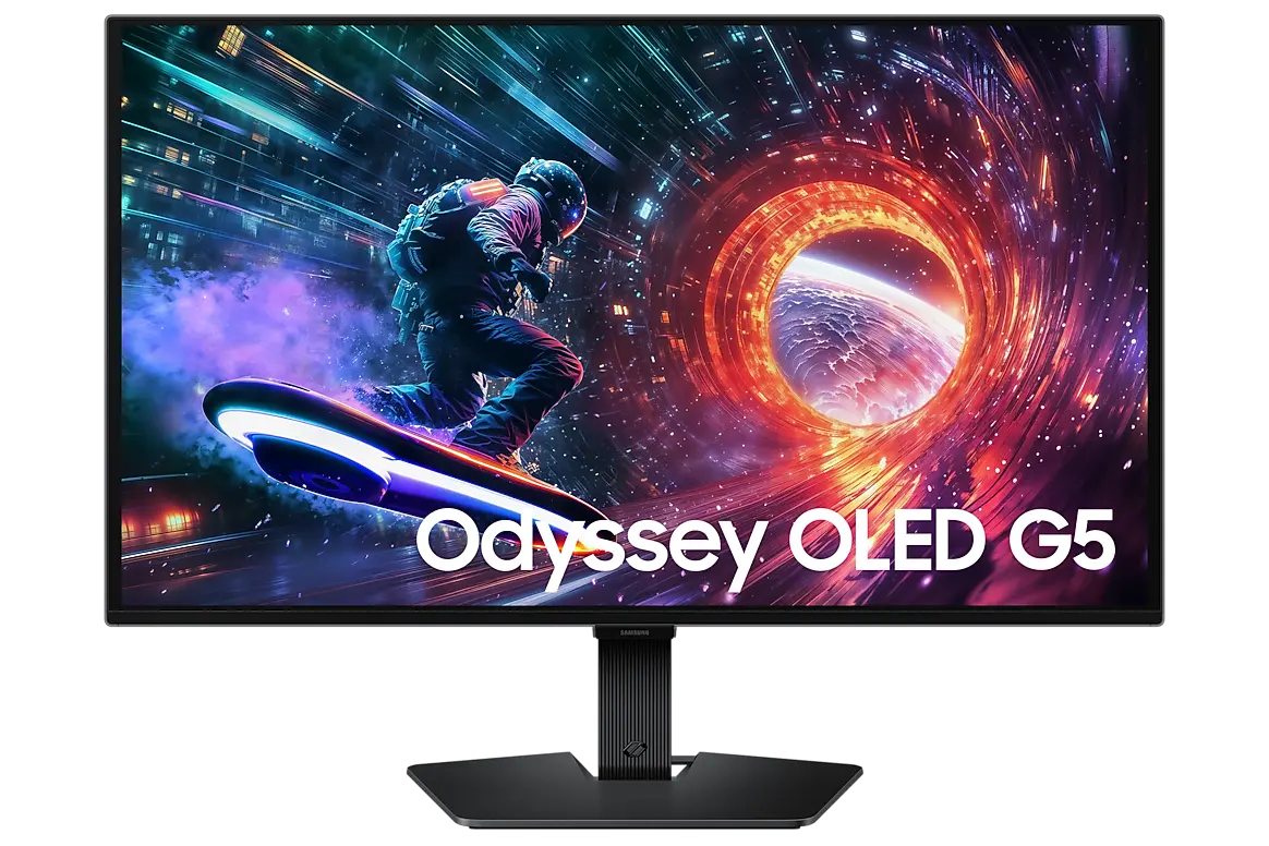 Samsung Odyssey OLED G5 G50SF 27-inch monitor, official exact-model gallery view showing the screen and supplied stand.