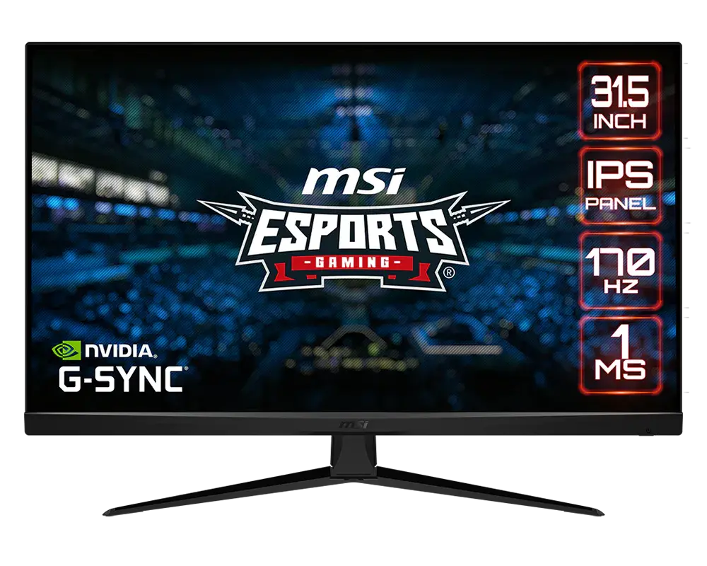 MSI G321Q monitor on its supplied stand, official front view with manufacturer sample screen artwork
