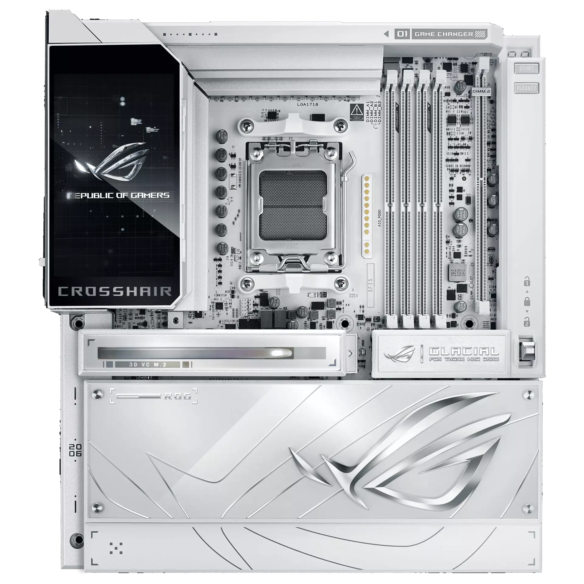 ASUS ROG CROSSHAIR X870E GLACIAL E-ATX motherboard in white, official front view showing its exact board layout, AM5 processor socket, four memory slots, LCD panel and heatsinks.