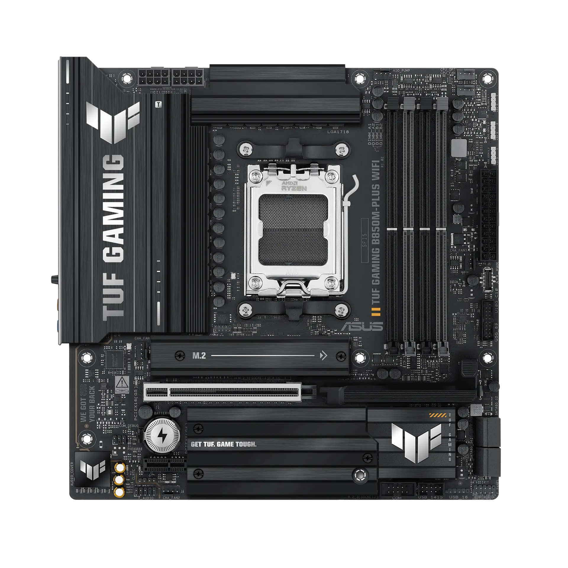 ASUS TUF GAMING B850M-PLUS WIFI motherboard, official front view showing its exact board layout, processor socket, memory slots and heatsinks.