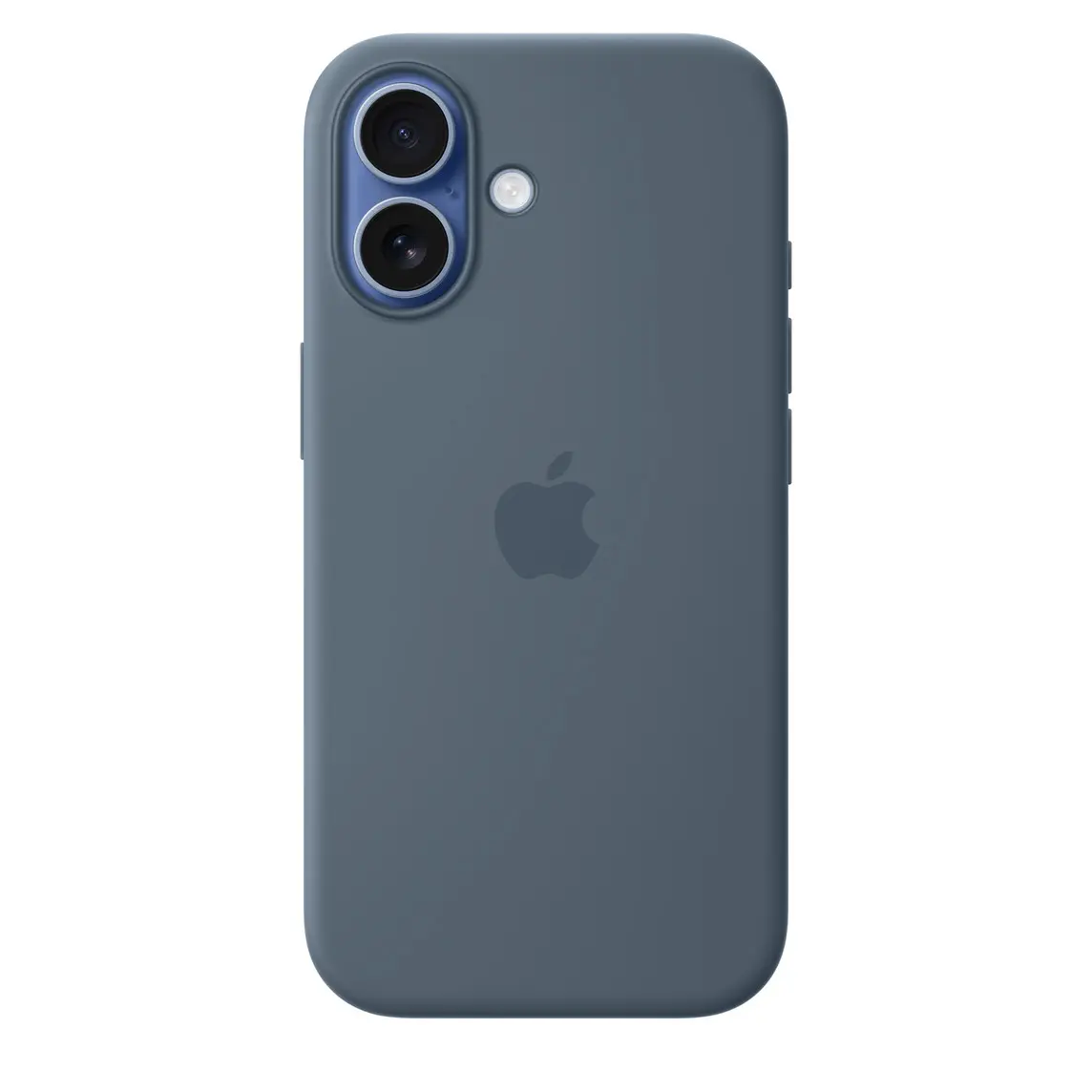 iPhone 17 Silicone Case with MagSafe in anchor blue colour, back exterior, embedded Apple logo in centre, attached to iPhone 17 in mist blue colour, visible through camera cut out