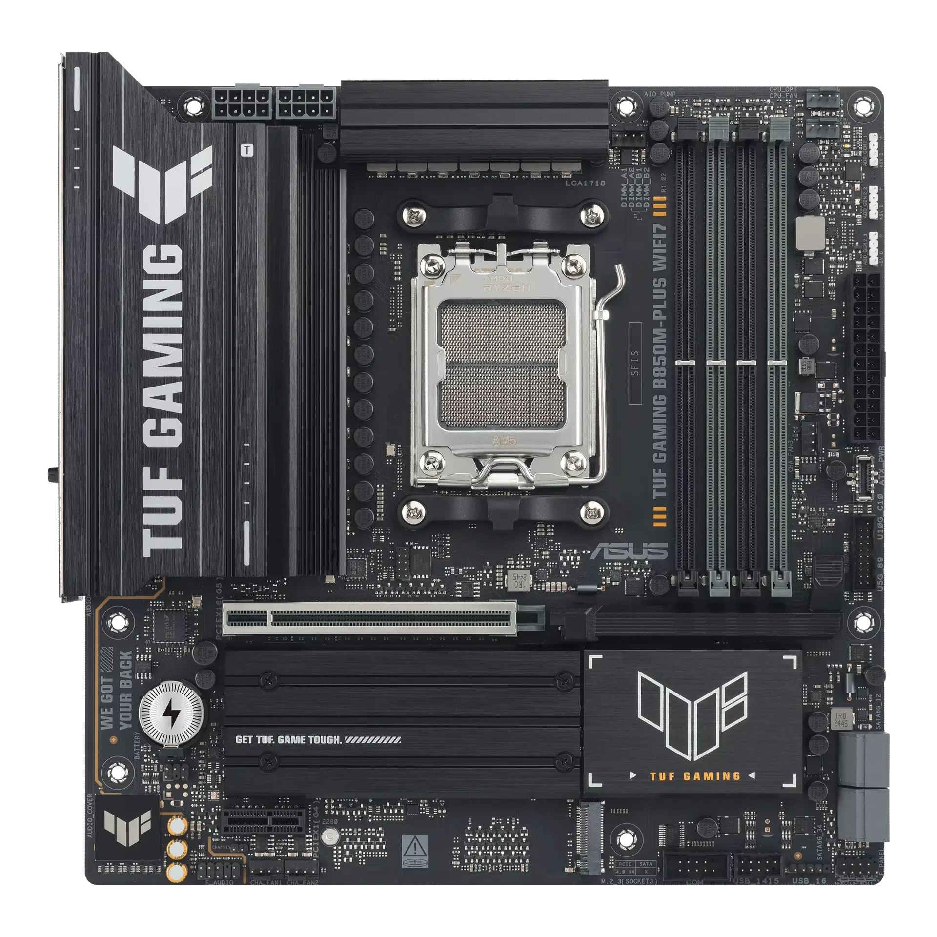 ASUS TUF GAMING B850M-PLUS WIFI7 micro-ATX motherboard, official front view showing its exact board layout, AM5 processor socket, four memory slots and heatsinks.