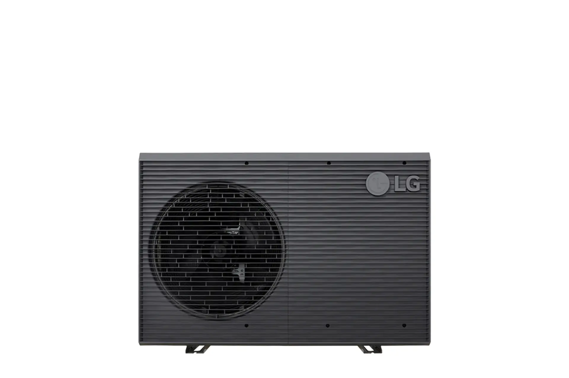 LG Air to Water Heat Pumps  HM071MRS UA40, front view of a black outdoor unit featuring a grey wavy grille.
