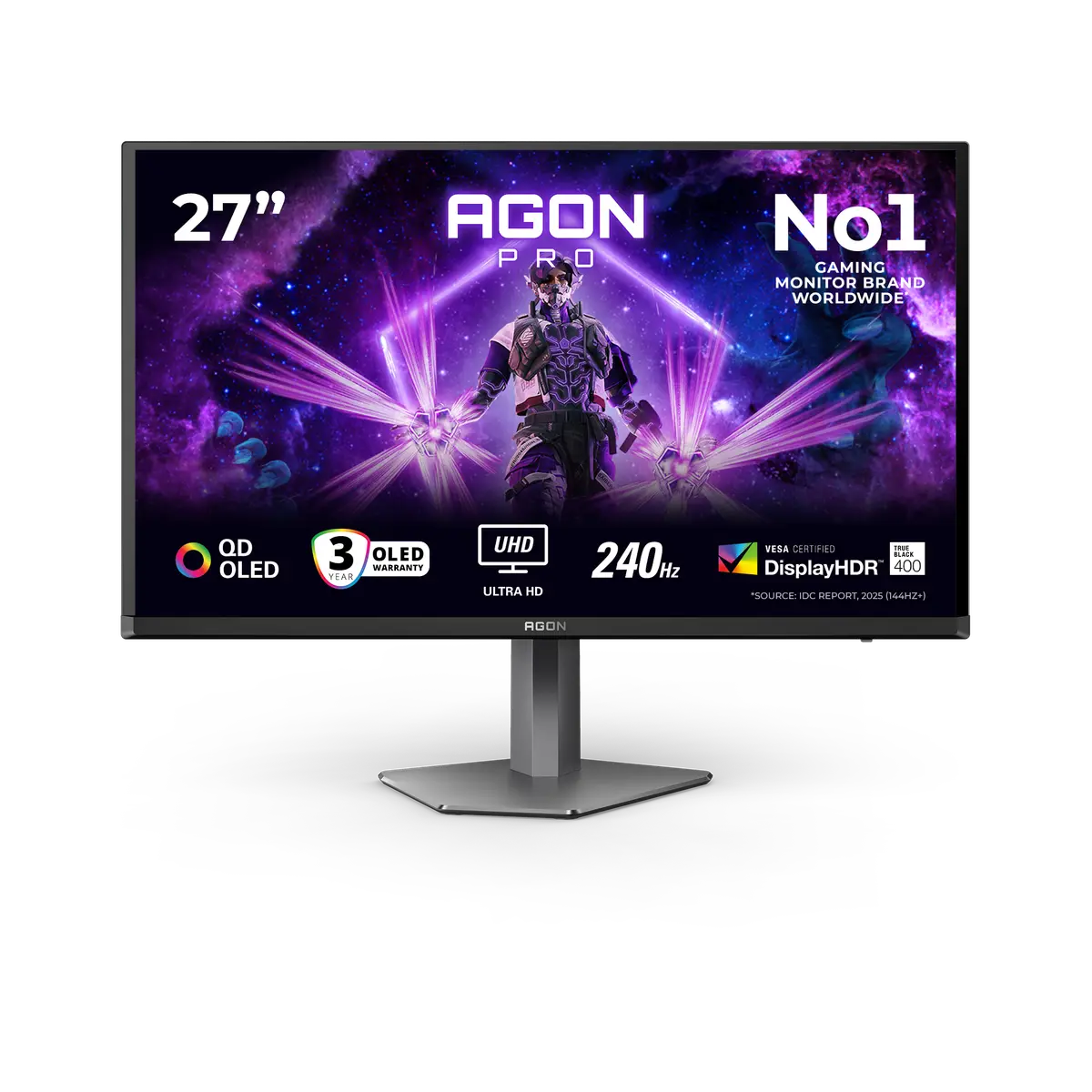 AOC AG276UZD monitor, official exact-model gallery view showing the screen and supplied stand.