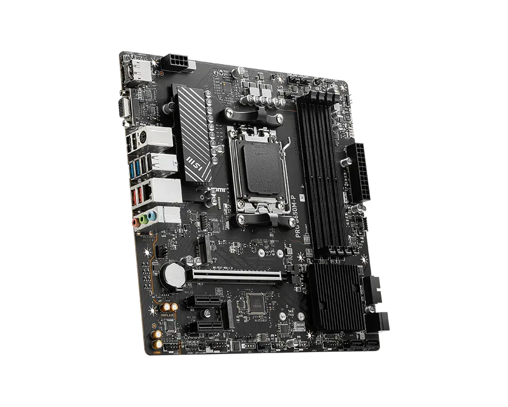 MSI PRO B650M-P motherboard, angled front view of the exact global model; CPU and memory are not installed