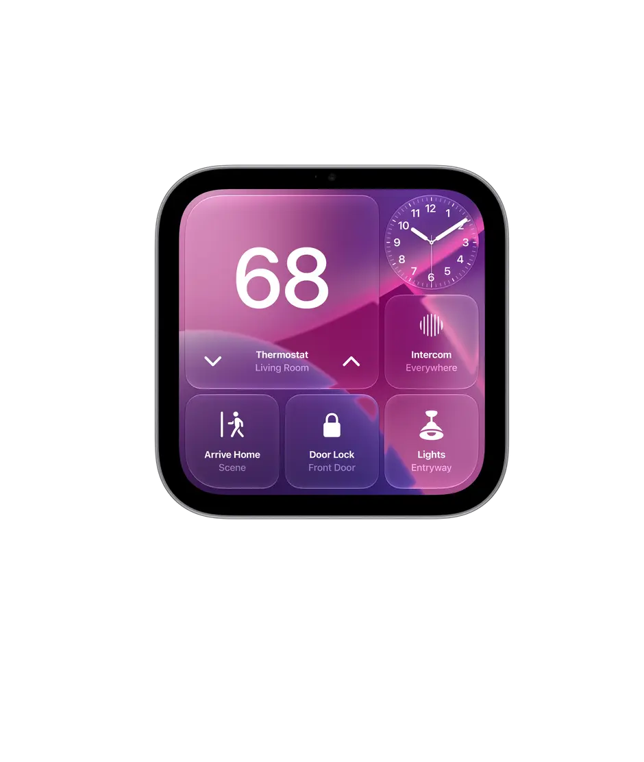 Apple HomeView (Wall Mounted), space grey colour, square display, rounded corners, black display bezel, centred top camera. Screen displays interactive tiles with Home controls