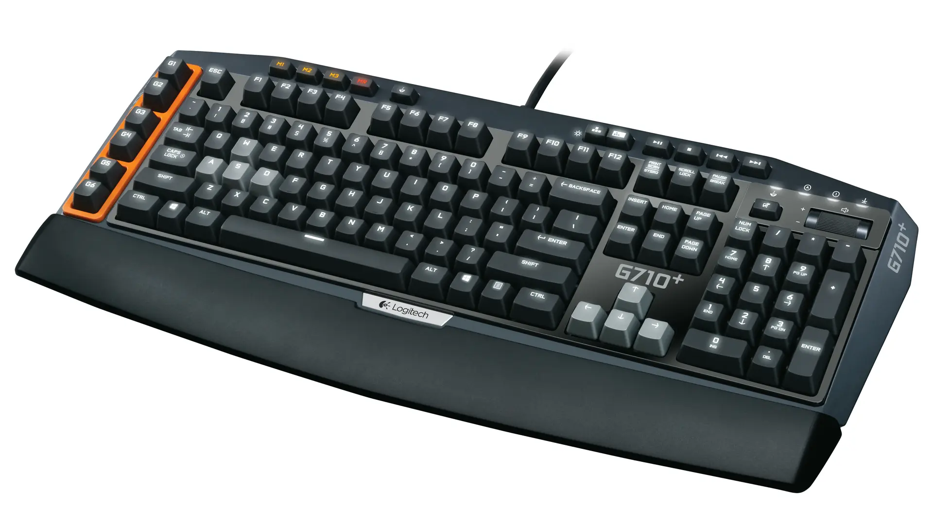 Logitech G710+ US ANSI QWERTY keyboard with six orange-surrounded G-keys, number pad, media controls and attached wrist rest