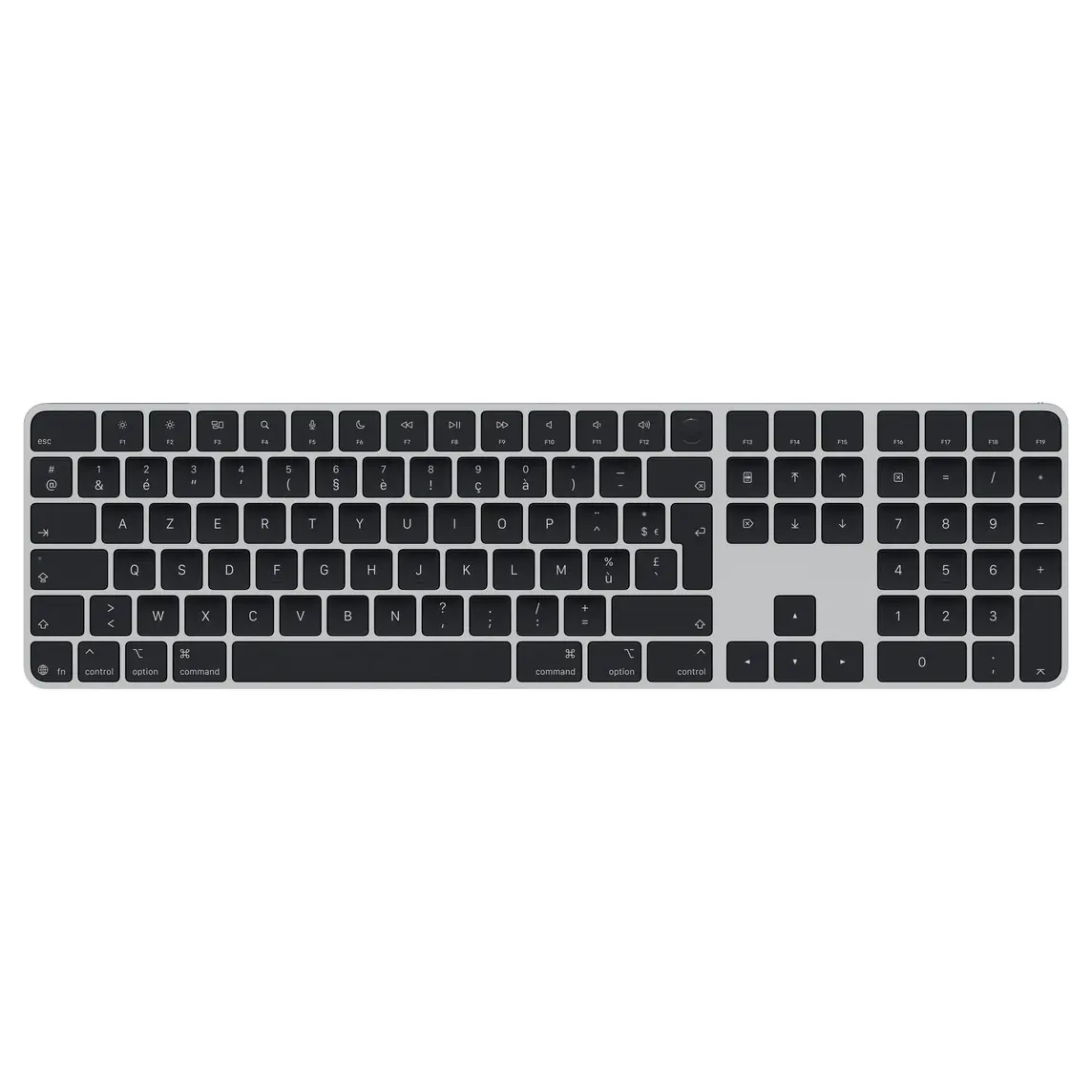 Magic Keyboard with Touch ID and Numeric Keypad, black keys, silver aluminium structure, round Touch ID sensor, full-height function keys