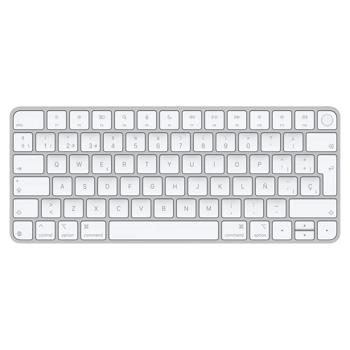 Magic Keyboard, white keys, silver aluminium structure, full-height function keys, half-height up and down arrow keys