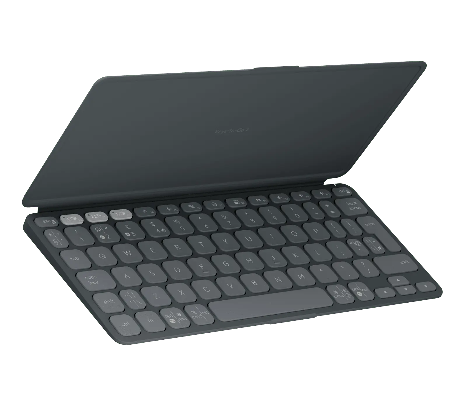 Logitech Keys-To-Go 2 keyboard in Graphite with English UK QWERTY (ISO) layout and its cover open, official product image