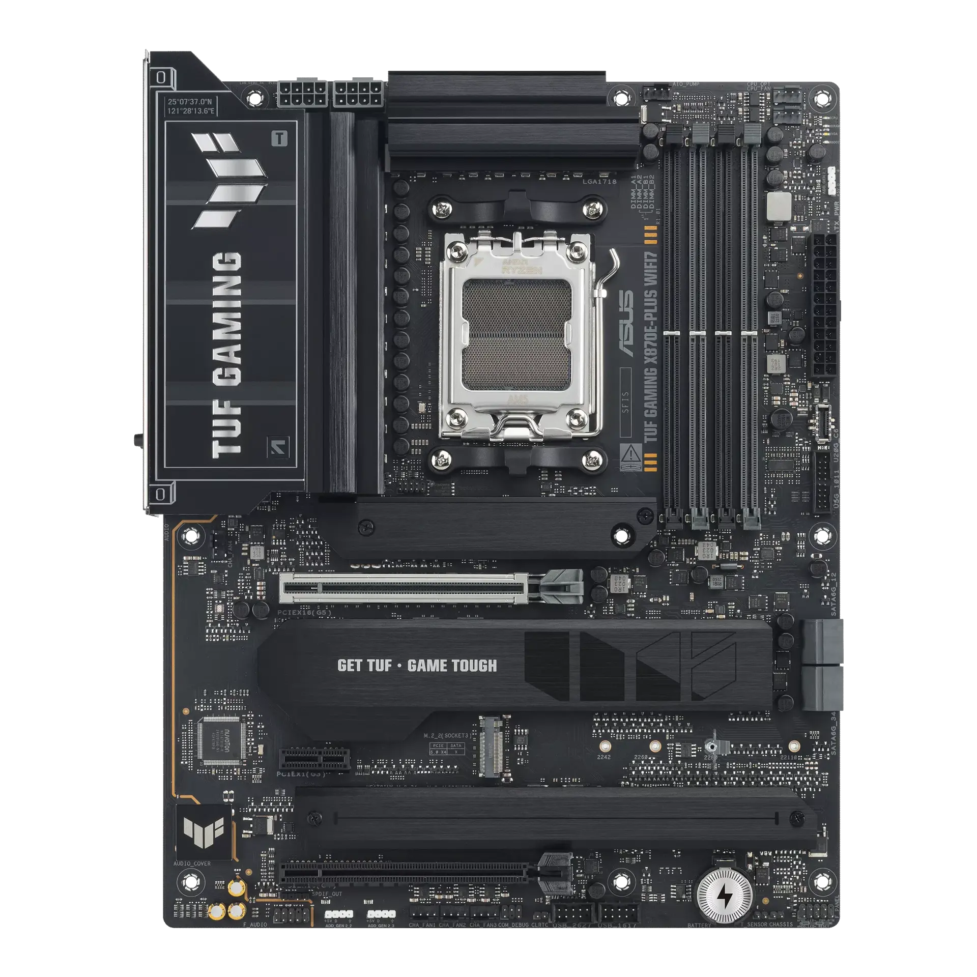 ASUS TUF GAMING X870E-PLUS WIFI7 motherboard, official front view showing its exact board layout, AM5 processor socket, four memory slots and heatsinks.