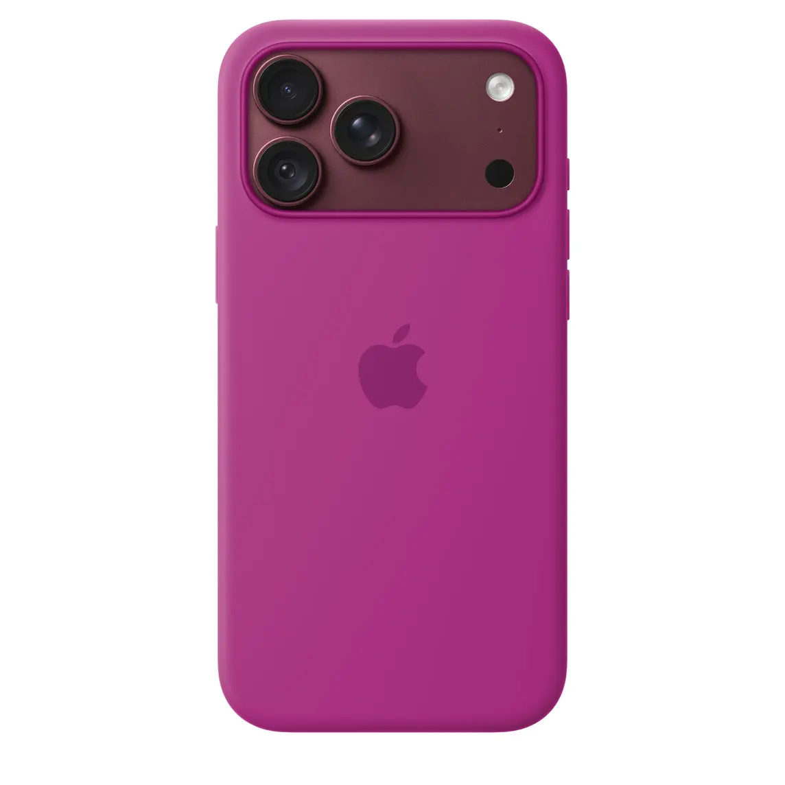 iPhone 18 Pro Max Silicone Case with MagSafe in magenta colour (medium purplish-red), back exterior, embedded Apple logo in centre, attached to iPhone 18 Pro Max in burgundy colour (dark red), visible through camera cutout