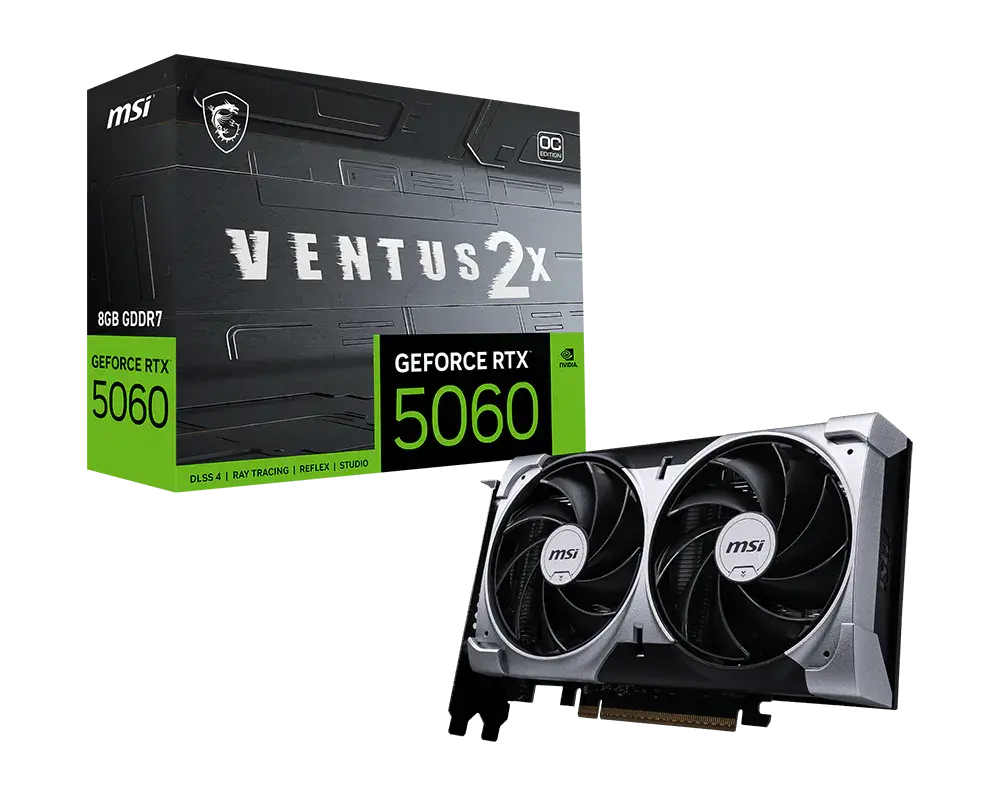 MSI GeForce RTX 5060 8G VENTUS 2X OC graphics card and exact-model retail box showing 8 GB GDDR7