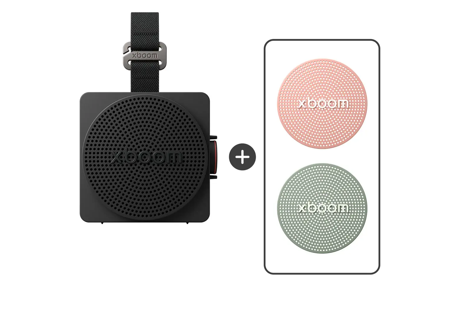 Front view of LG xboom Mini by will.i.am Speaker - Black & Replacement Grille - Pink & Green Bundle MINIB.AGLBLGP